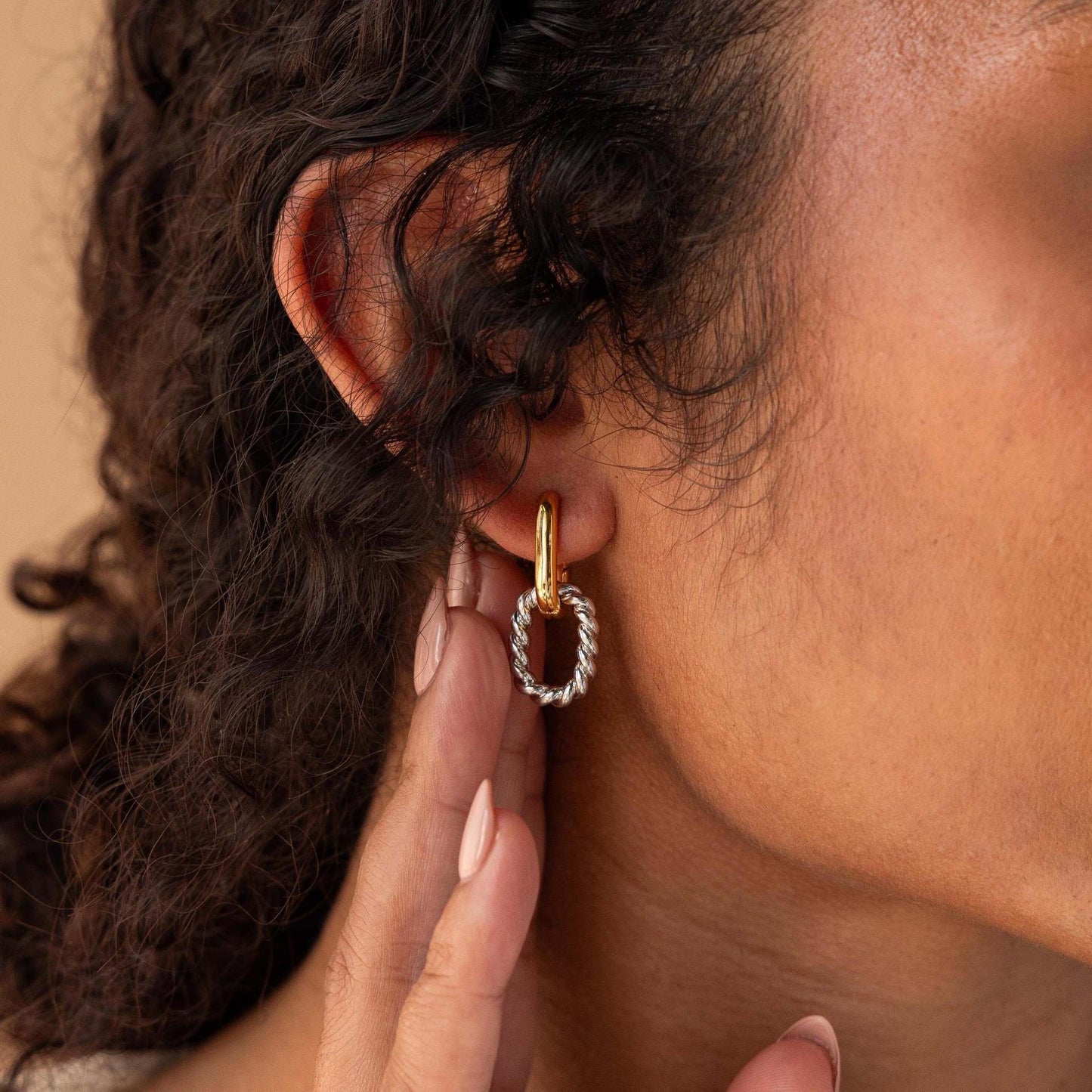 Gold Stainless Steel Twisted Drop Hoop Earring